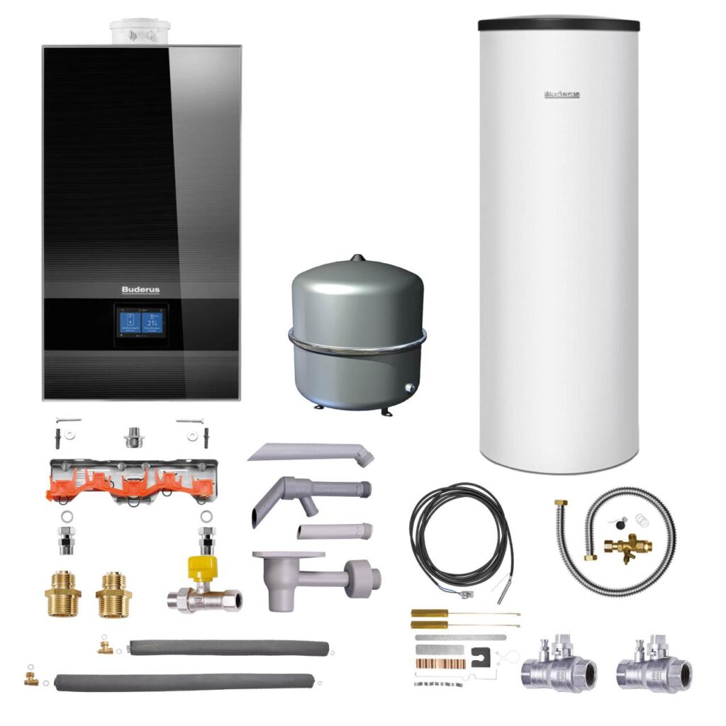 Buderus Gas-Brennwert Logaplus-Paket W42 GB182i.2-25 25kw H-Gas Speicher SU200 Bedieneinheit BC400 MAG 35l schwarz