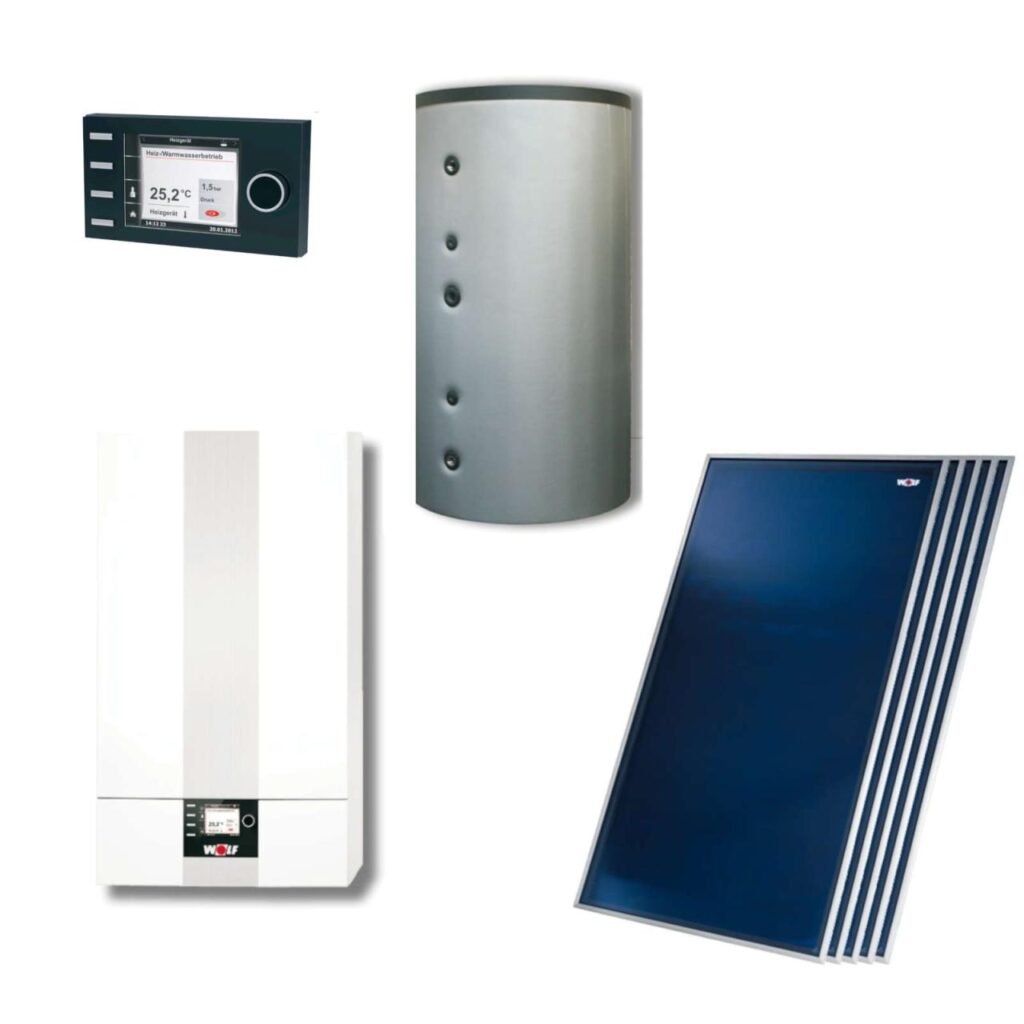 Wolf Hybrid Paket Gas-Therme CGB-2-14 mit 4 Flachkollektoren F3-1 TopSon Aufdach inkl. Solarmodul SM1-2 und BSH-500 L Pufferspeicher