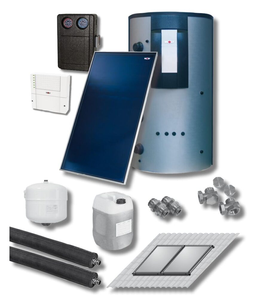 Wolf Solar-Paket 5 Flachkollektoren TopSon F3-1 Aufdach mit Solarmodul SM2-2 und BSH-800L Speicher